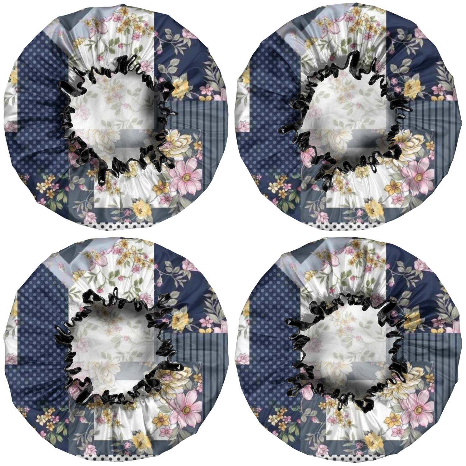 Shower Caps,Pioneer Flower Floral Print Pattern Waterproof Shower Cap for Women 4 Pieces,Double Reusable Hair Cover for Shower PEVA Elastic Stretch Hem