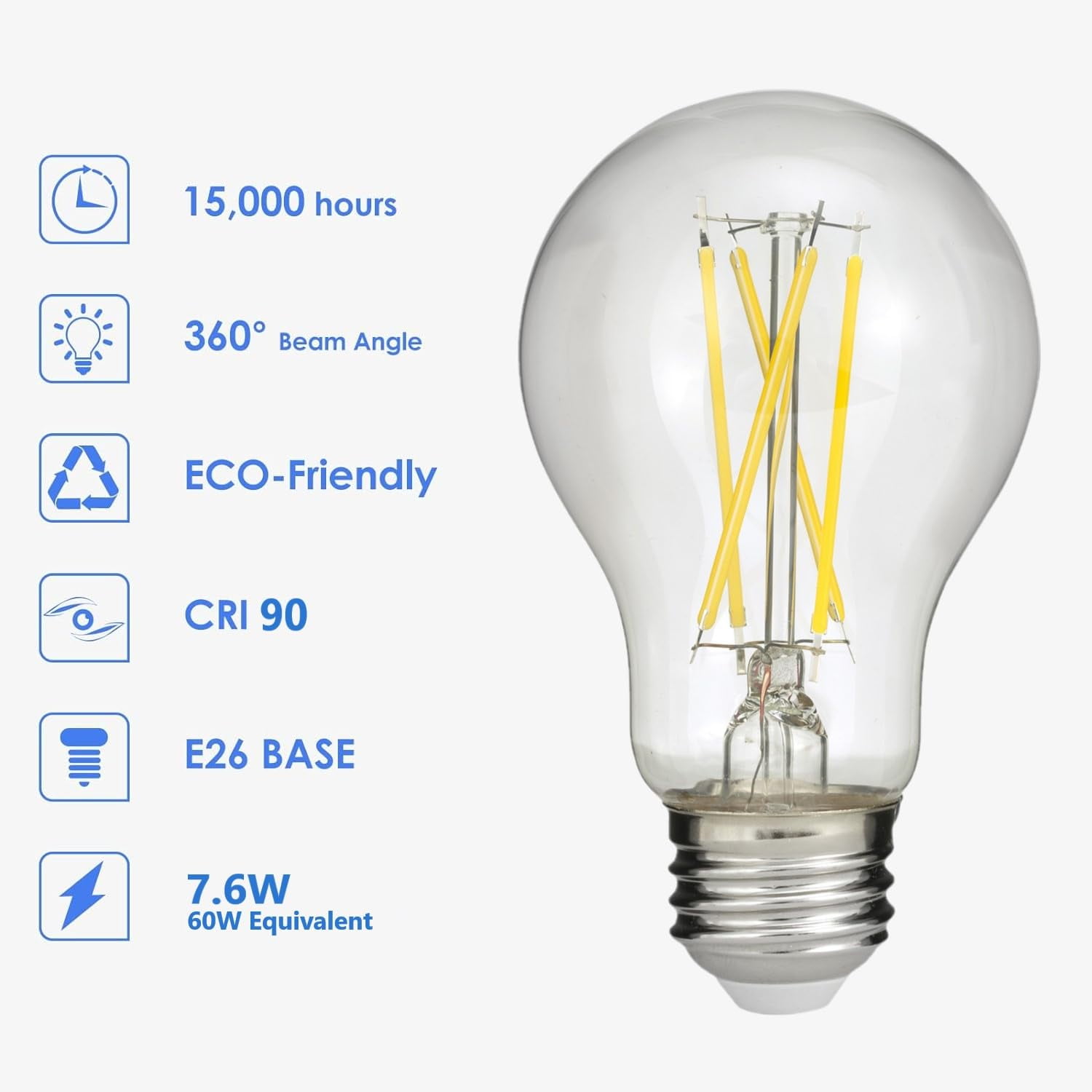Diodesy- Pack of 3 A19/LED/FS/7.6W/950 A19 LED Filament Light Bulb, 7.6W (60W Equivalent), Classic Clear Glass, 5000K Bright White, Dimmable, E26 Medium Base, Enclosed Fixture Rated, CRI90, 800 Lumens