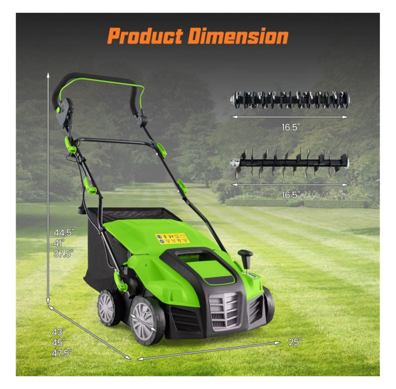 Electric Lawn Dethatcher, 16-Inch Corded Scarifier, 2-in-1 Adjustable Dethatching Machine with Grass Bag for Lawn Care - Green
