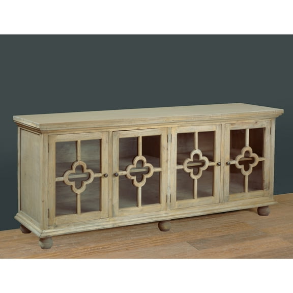 Solid Wood Credenza with Glass Doors - 87" Display Cabinet, Sideboard, Buffet - Driftwood Brown