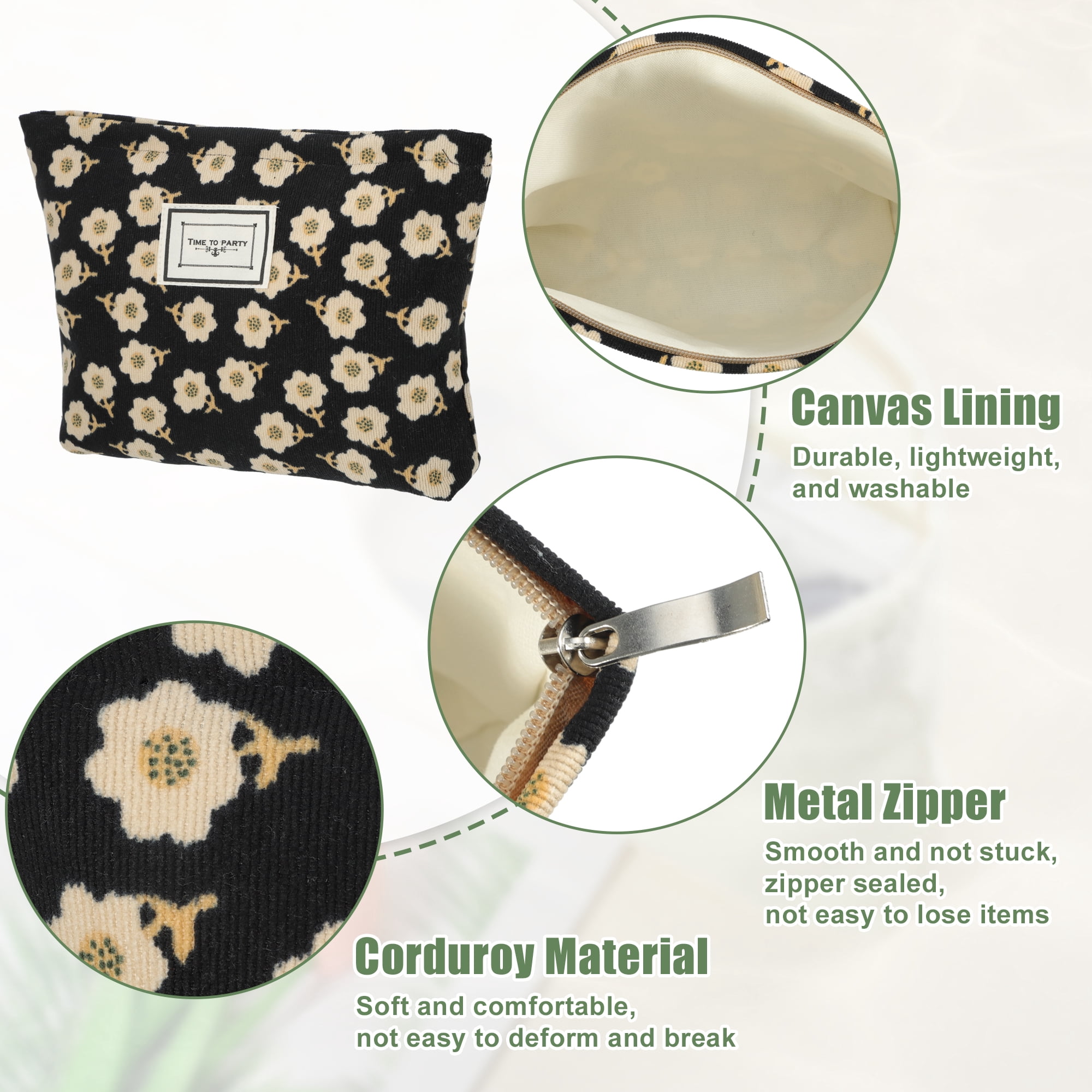 Unique Bargains Flower Cosmetic Bags Corduroy Floral Makeup Bags Pouches with Zipper Black