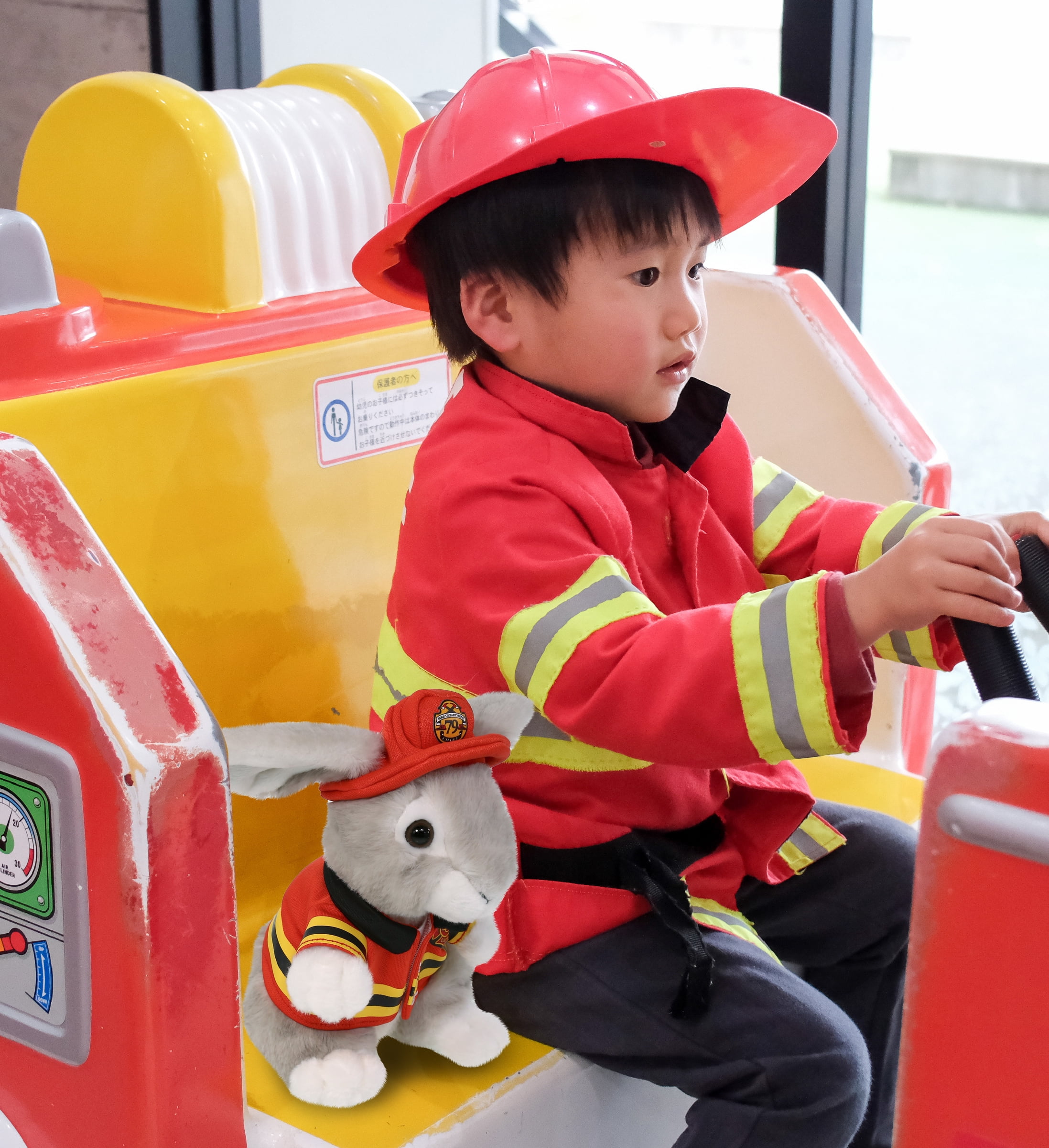 DolliBu Sitting Gray Rabbit Firefighter Stuffed Animal - Rabbit Fireman Toy with Red Fireman Costume Outfit and Fireman Hat, Farm Life Stuffed Animal Fire Fighter Doll Plush Toy for Kids - 6.5 Inch