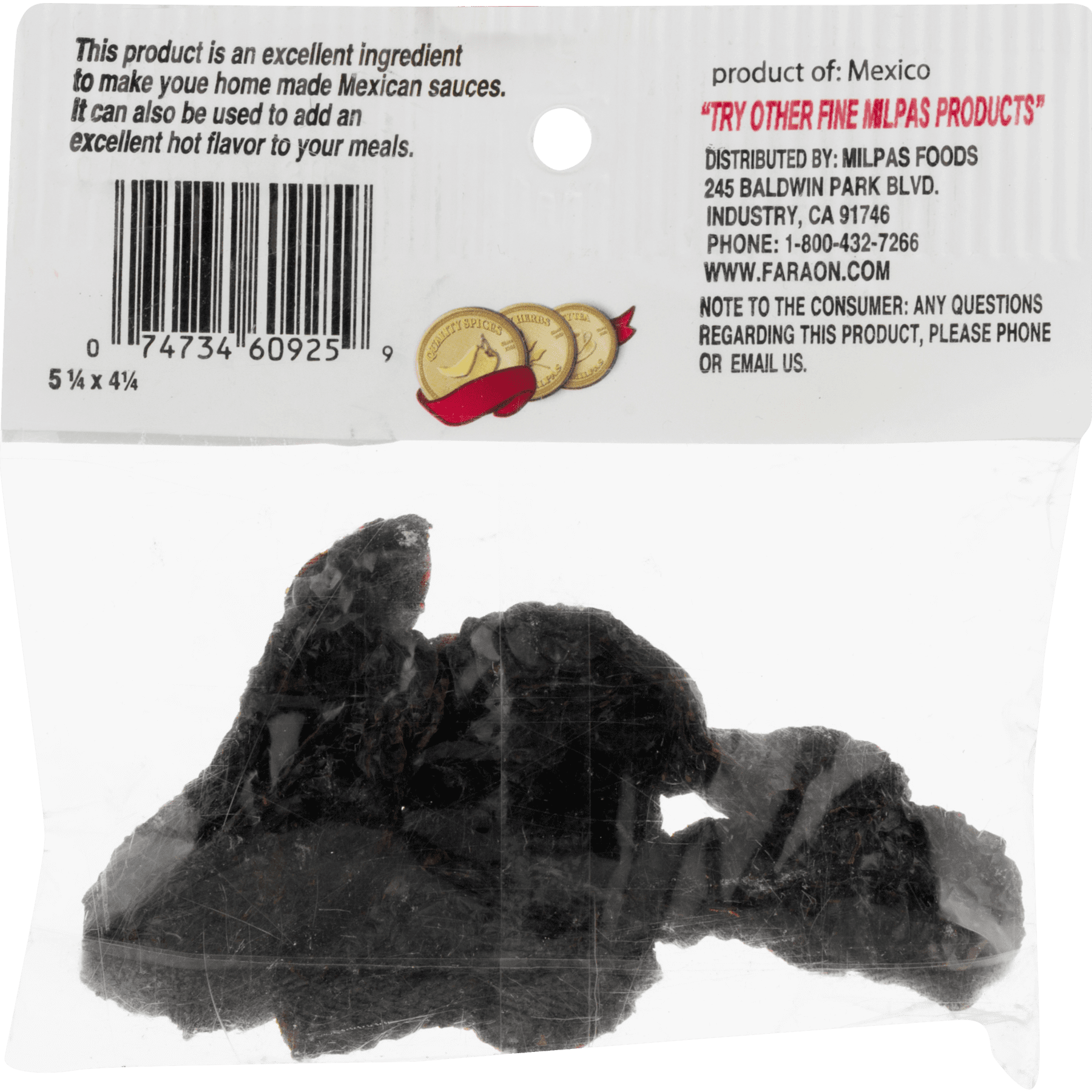 Milpas Smoked Morita Chile Pods packed in a clear cellophane bag, 1.0 oz per bag.