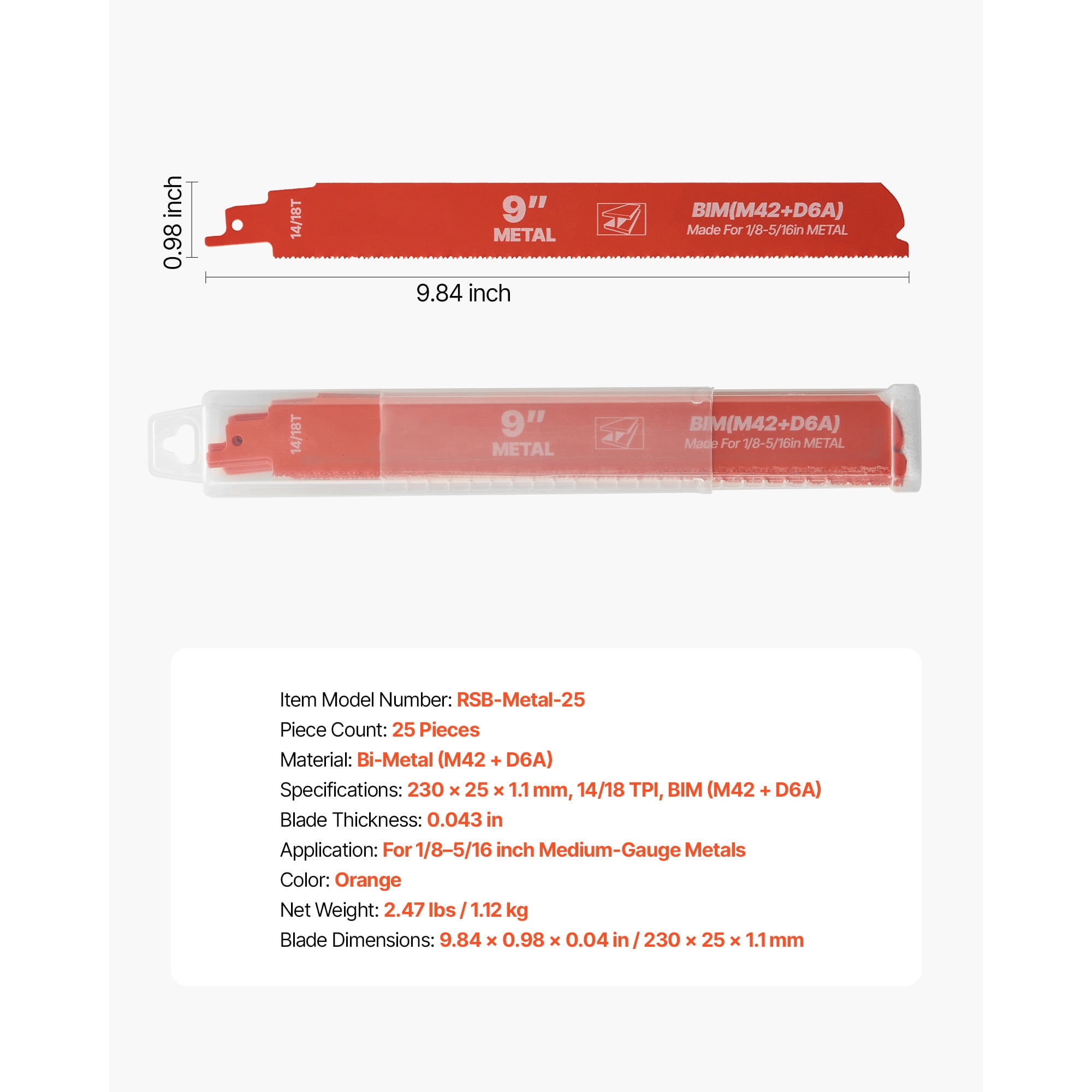 KFFKFF 25-Piece Bi-Metal Reciprocating Saw Blade Set, 14/18 TPI, Universal Shank, Designed for Smooth and Efficient Cuts in Medium Metals (1/8-5/16 inch), Orange
