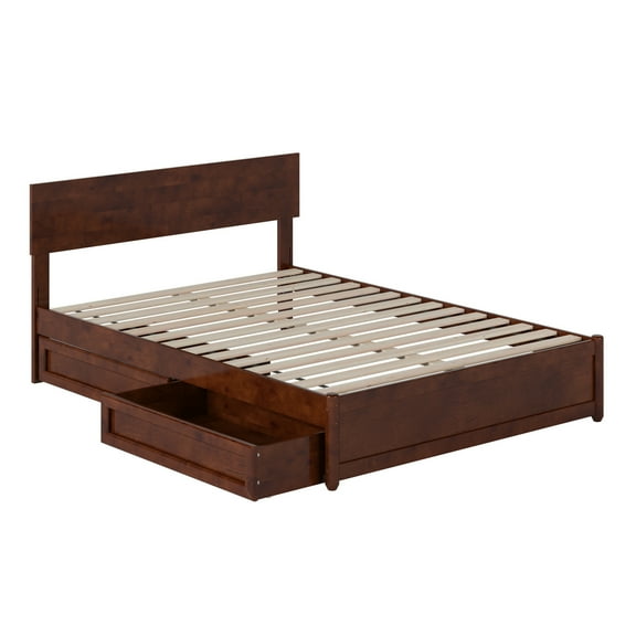 Wesley Full Wood Platform Bed with Panel Footboard and Storage Drawers in Walnut