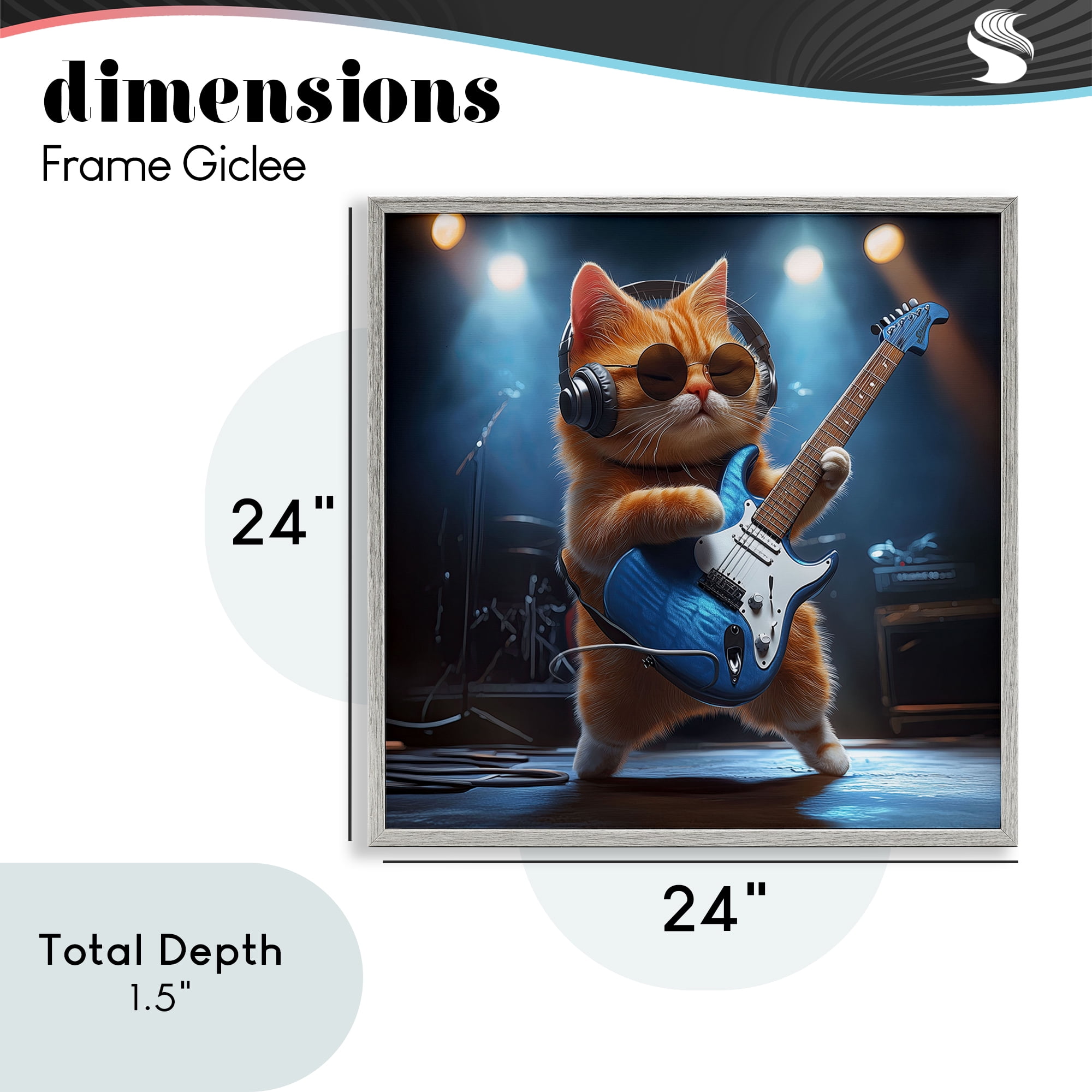 Cat Guitarist in Band Gray Framed Giclee Art, design by Jim Baldwin