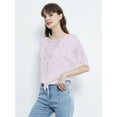 thumbnail image 3 of Women White Casual Lace Crochet Blouse Half Sleeve Tie Knot T-Shirt Blouses Tops Floral Printed Tops, 3 of 6