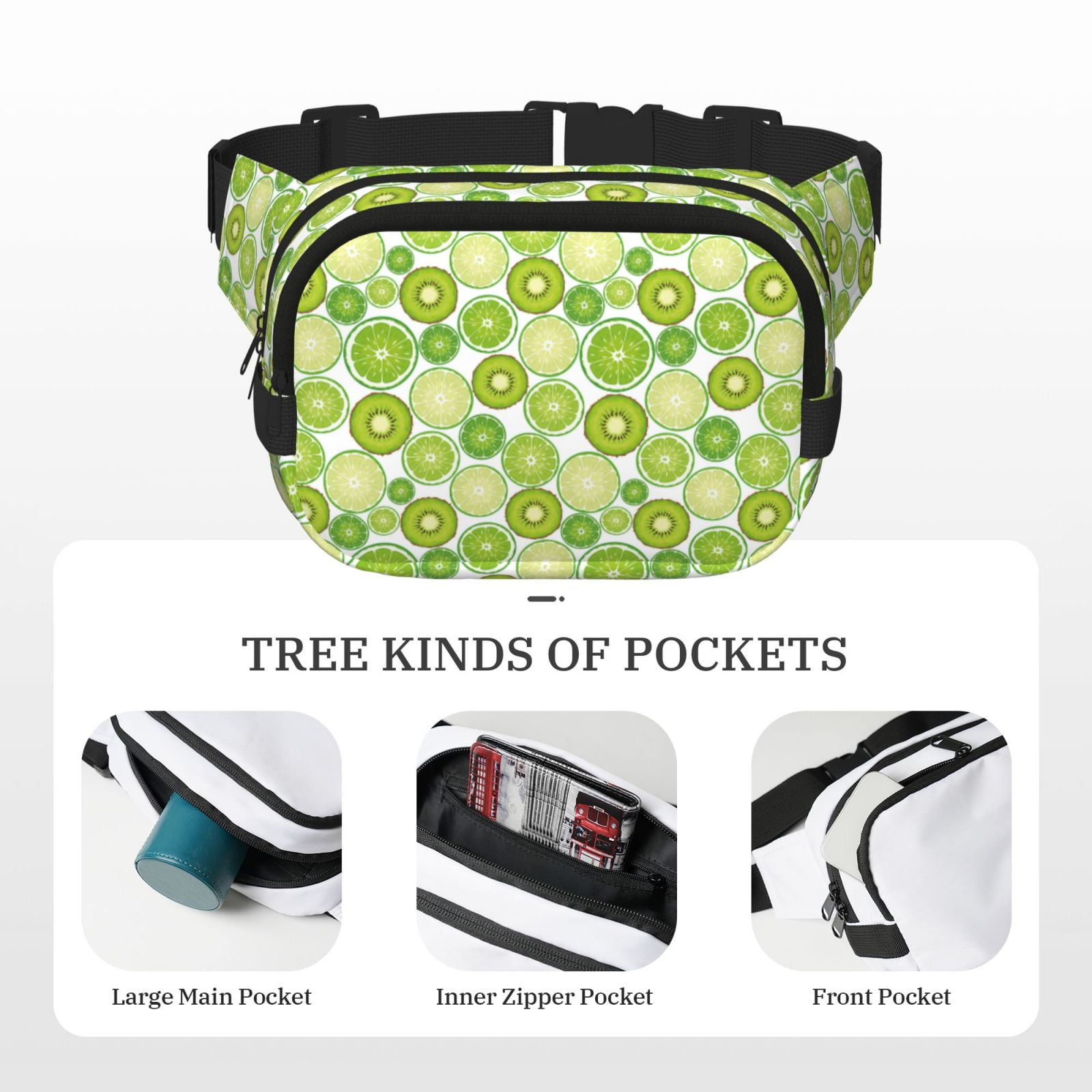 Picia Kiwi Lemon Print Square Double-Layer Waist Bag Mini Adjustable Waist Belt Bag Exercise Running Travel Hiking