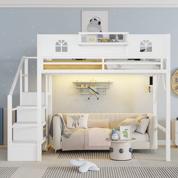 Quuen  Size Loft Bed Frame with Storage staircase and Wardrobe, Metal Full Loft Bed Frame with USB/Type-C Ports and High House Shaped Guardrails for Bedroom, Apartment, Mattress not included, Black