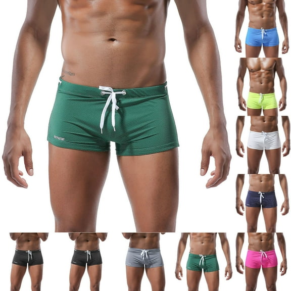 Jinhomg Men's Swim Trunk Swimwear Quick Dry Low Rise Bathing Suit Breathable Comfy Basic Solid Boxer Brief with Adjustable Drawstring Spring Saving Black L