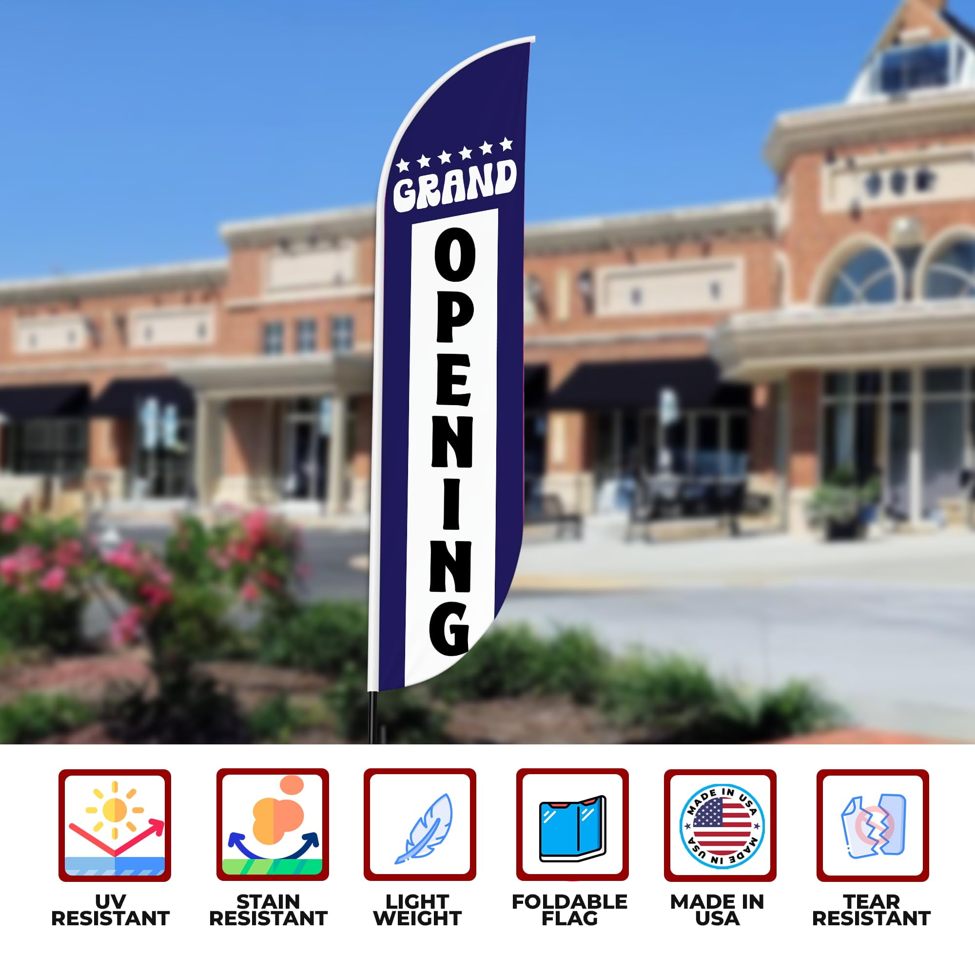 Grand Opening Feather flag for Outdoor by Mavis Print | 11.5 FEET Long Polyester Outdoor Banner Flag for Easy Hang | HD Print Swooper I Flag Only for Business Advertising | Made in USA I Flag Only