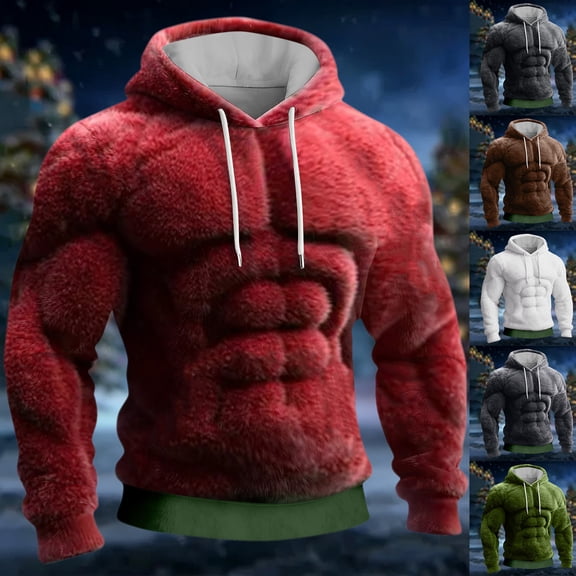 Men's Muscle Graphic Print Hoodie, Casual Long Sleeve Pullover Sweatshirt, Novelty Design Streetwear for Christmas Gift, Halloween, Party and Lounge Wear,Black,L