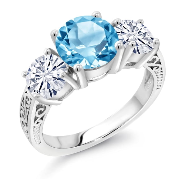 Gem Stone King 925 Sterling Silver Swiss Blue Topaz and White Moissanite Engagement Ring for Women | 3.85 Cttw | Round 8MM | Gemstone November Birthstone | Size 7