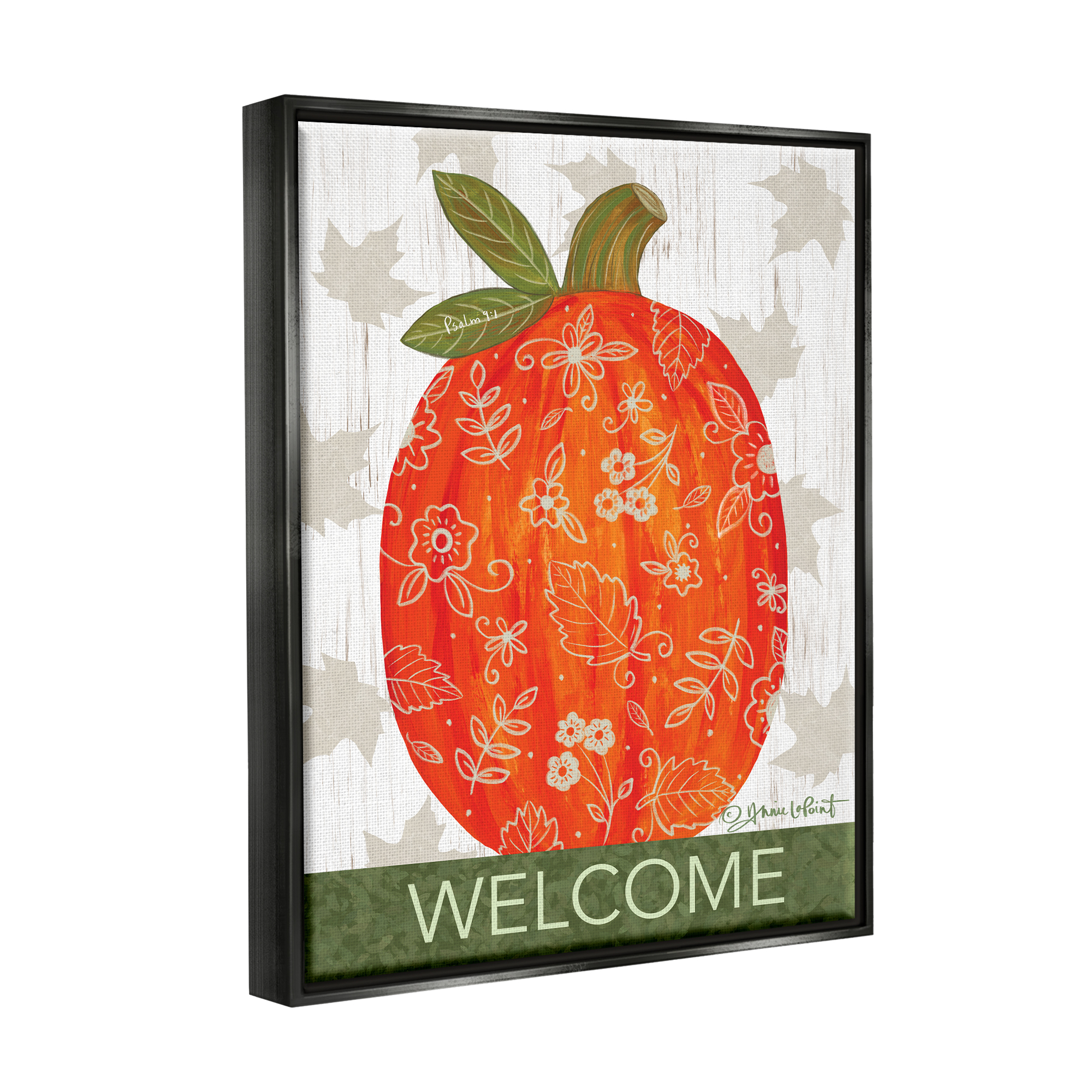 Stupell Industries Patterned Autumn Botanicals Pumpkin Welcome Sign Graphic Art Jet Black Floating Framed Canvas Print Wall Art, Design by Annie LaPoint