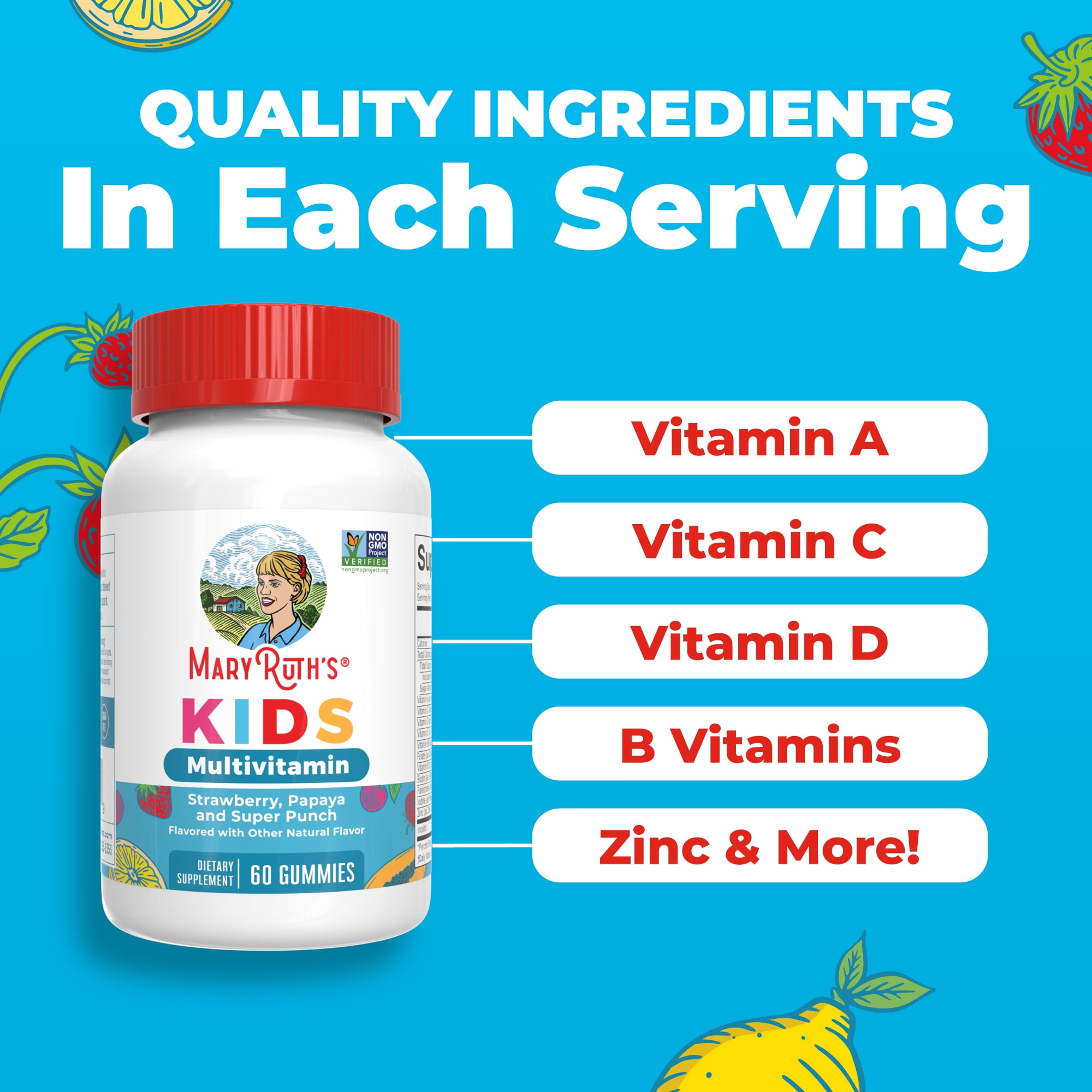 (3 pack) MaryRuth's Kids Multivitamin Gummies Strawberry Papaya Super Punch Gluten Free Vegan Unisex Ages 4+, 60 Count