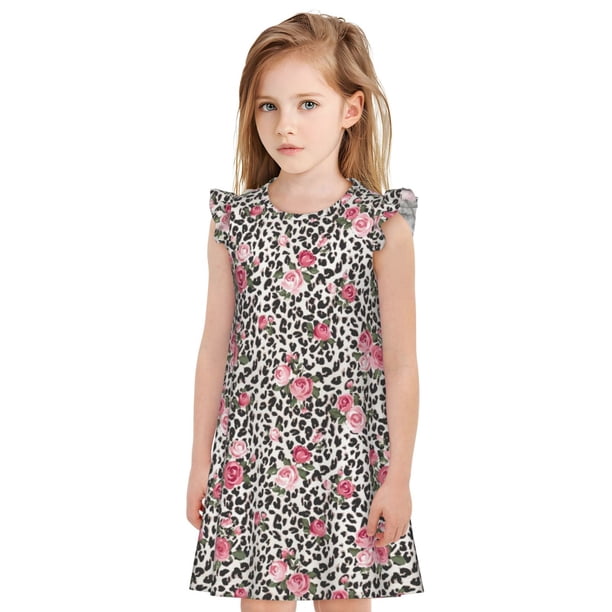 Fotbe Rose Mix Leopard 3 Vestido de Dormir para Niñas de 3 a 10 Años, Mangas Cortas, Estilo Princesa, Pijama Camisón con Mangas Voladas-XX-Large