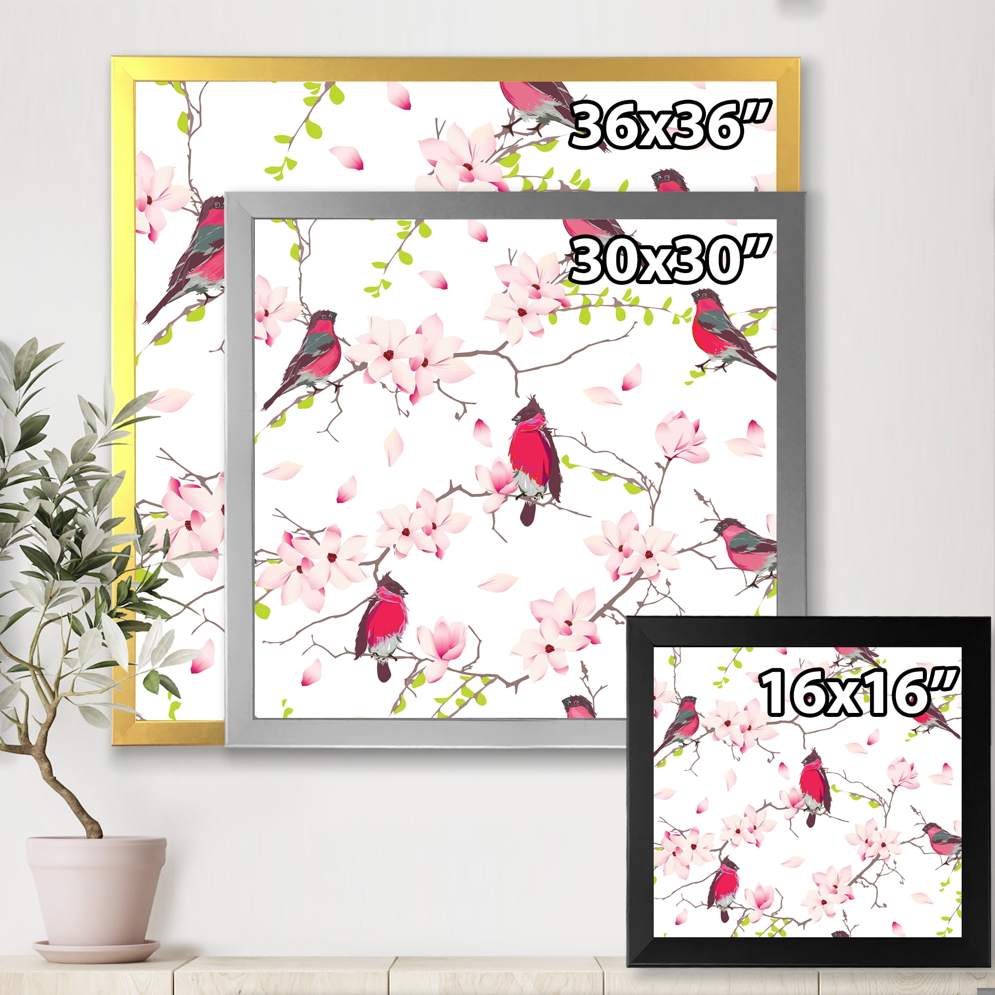 Designart 'Red Bullfinches Sitting On Magnolia Tree' Traditional Framed Art Print