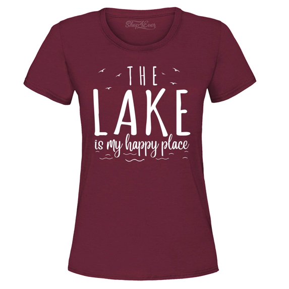 Shop4Ever Women's The Lake is My Happy Place Graphic T-Shirt Small Maroon
