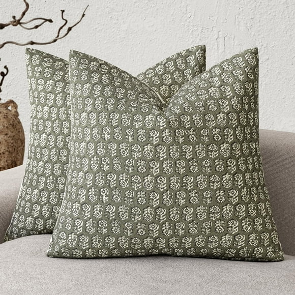 Vintage Floral Pillow Covers Set of 2 Neutral 18x18 inch Farmhouse Cushions For Boho Home Deco, Green