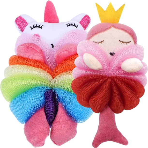 2 bolas de baño de dibujos animados para niños pequeños, suaves, aptas para la ducha, lufa, juguete de distracción.