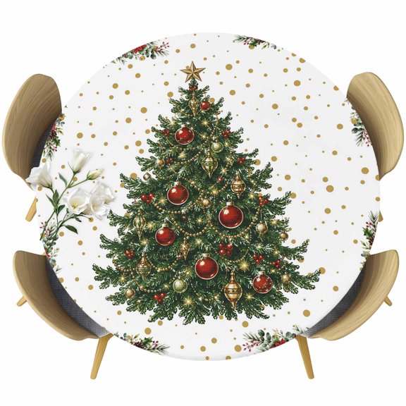 Round Fitted Tablecloth with Elastic Edge, Winter Flower Xmas Tree Fitted Table Cloth for Round Tables 55-60in, Christmas Green Red Theme Waterproof Tablecloth for Outdoor Picnic Party