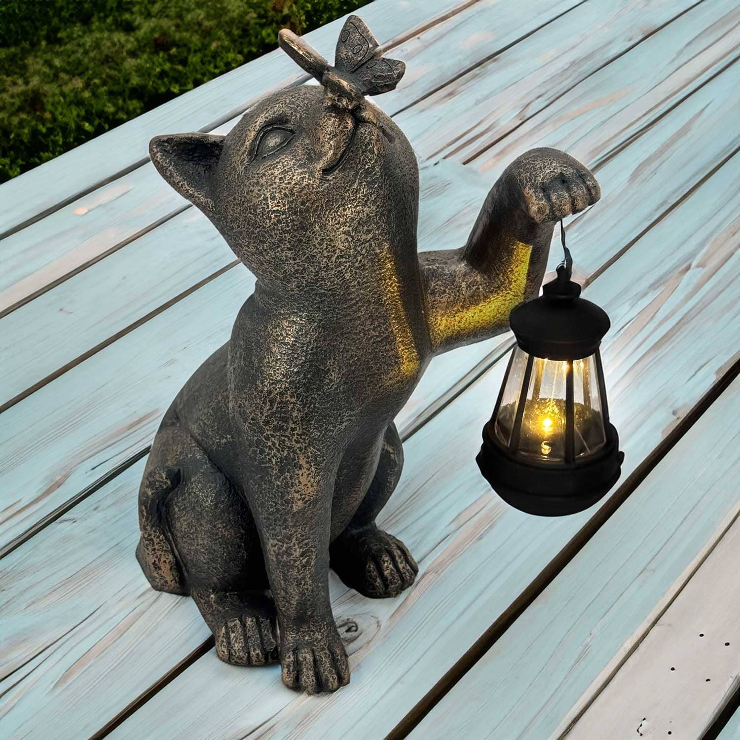 Galt International Solar LED Lantern Kitty Cat & Butterfly Statue