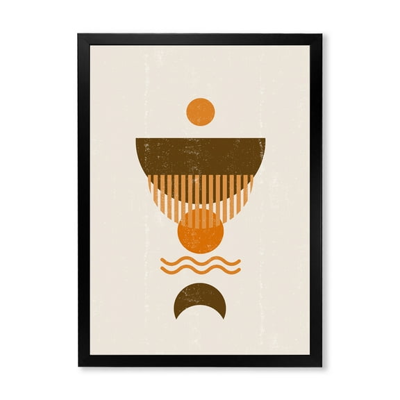 Designart 'Abstract Minimal Brown Moon and Orange Sun' Modern Framed Art Print