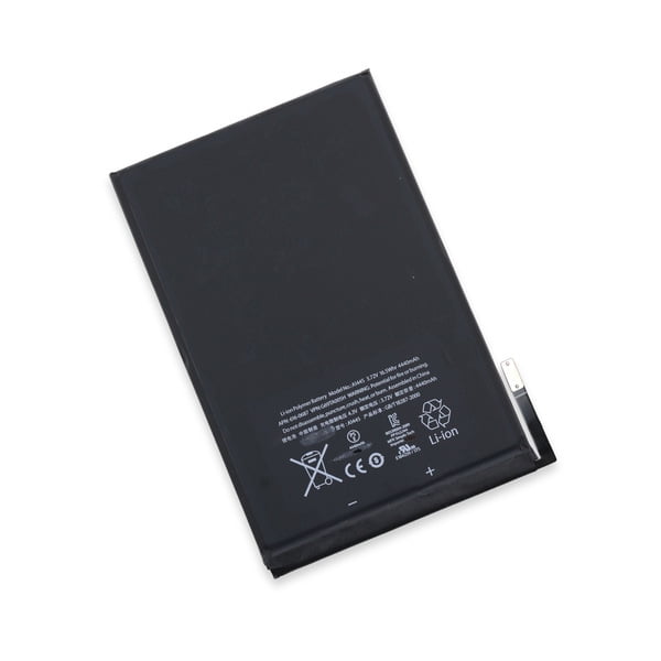 Replacement Battery with Tools for iPad Mini 1 1st Gen., A1432 A1454 A1455. This brand-new lithium-ion battery has a capacity of 4440 mAh and is compatible with iPad Mini 1 models, including A1432, A1454, and A1455. The black rectangular battery features printed specifications and symbols, with visible positive and negative terminals on one side. Ideal for restoring the performance of your iPad Mini 1st Gen.
