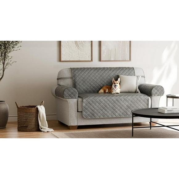 Housse de causeuse en tissu peluche SmartFit, 3 pièces, gris Housse de meuble en tissu
