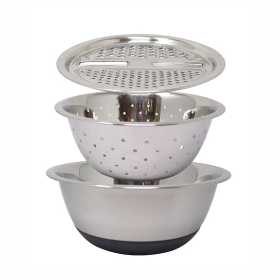 Wazir Chand 3-in-1 Stainless Steel Colander, Mixing Bowl and Grater Set with Non-Skid Base, Multipurpose Food Prep, Washing and Grating Kitchen Set