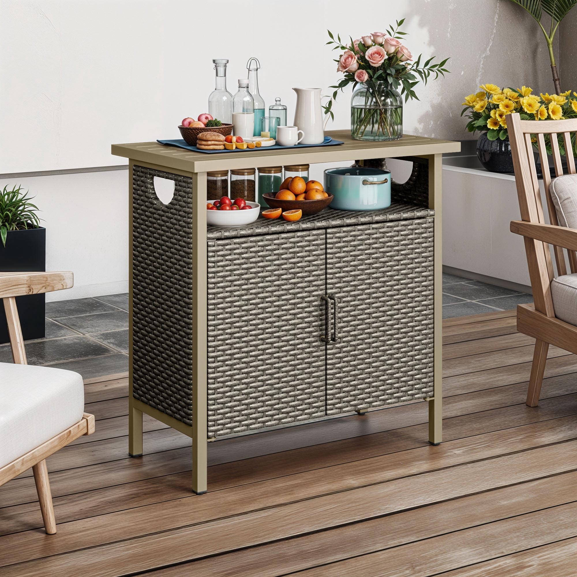 Uforic Patio Wicker Bar Table, Outdoor Wicker Storage Cabinet, Bar Counter Table, Deck Box - Brown