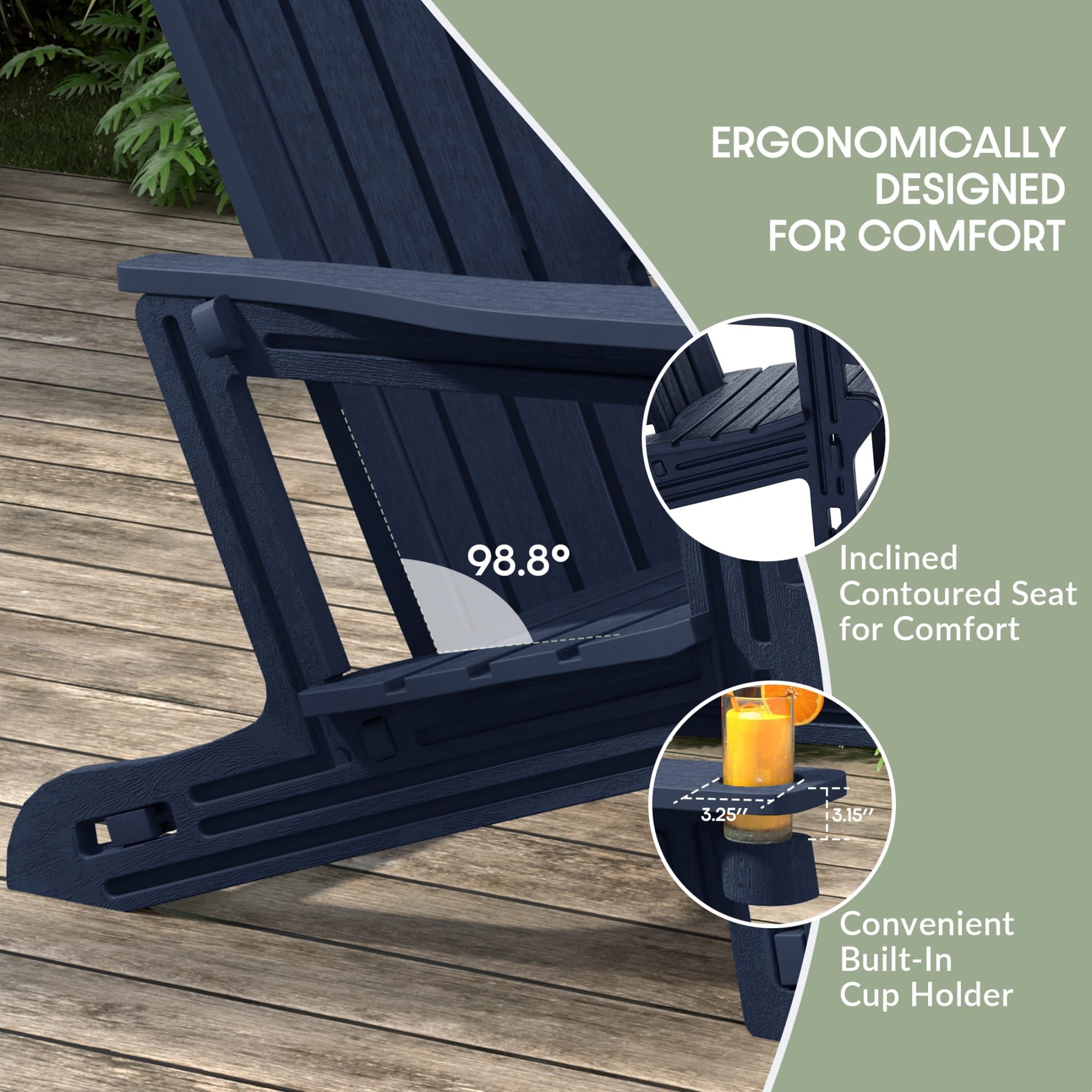 WestinTrends Azura Outdoor HDPE Adirondack Chairs With Connecting Table Tray (Set of 2), Navy Blue