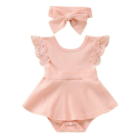 

ASEIDFNSA Baby Girl Winter Clothes Girl Jumper Girls Ribbed Lace Backless Romper Bodysuit Little Girls Dress Headband Clothes Outfits Set