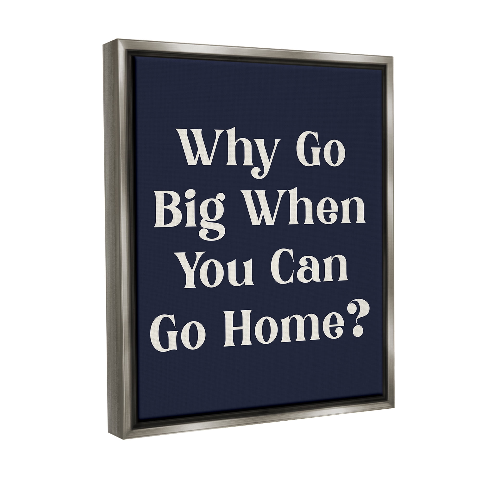 Stupell Industries Funny Why Go Big Typography Painting Gray Floater Framed Canvas Art Print Wall Art, 25 x 31