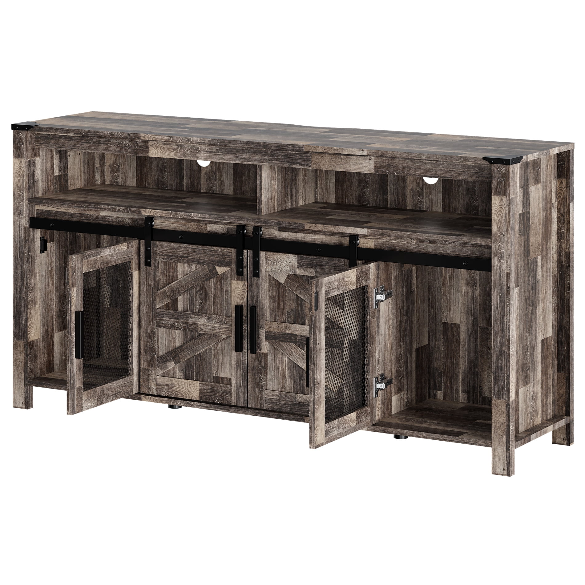 Farmhouse TV Stand with Sliding Barn Doors for 65 Inch TVs, Wood Tall Entertainment Center with Mesh Doors and Blue LED Lights, Dark Rustic Brown