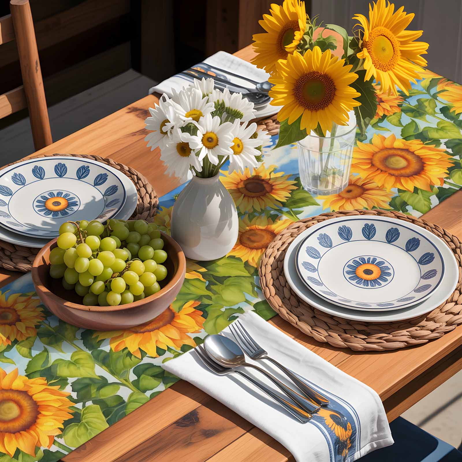 Farm Spring Garden Sunflower Table Runner 90 Inches Long, Floral Green Leaves Blue Sky Table Runners Tabletop Scarf Kitchen Dining Tables Decoration for Home Party Indoor Outdoor