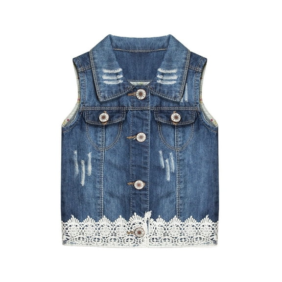 KIDSCOOL SPACE Little Girl Jean Vest,Junior Ripped Lace Denim Vest Tops,Blue,7-8 Years