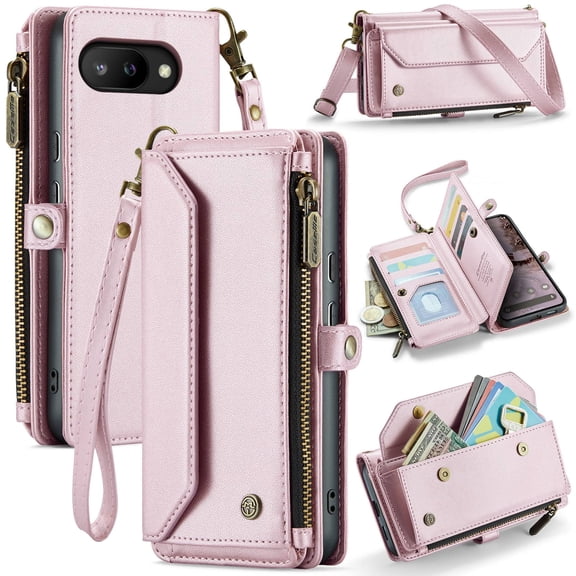 Crossbody for Google Pixel 9A Case Wallet【RFID Blocking】with 10-Card Holder Zipper Bills Slot, Soft PU Leather Magnetic Shoulder Wrist Strap for Google Pixel 9A Wallet Case Women