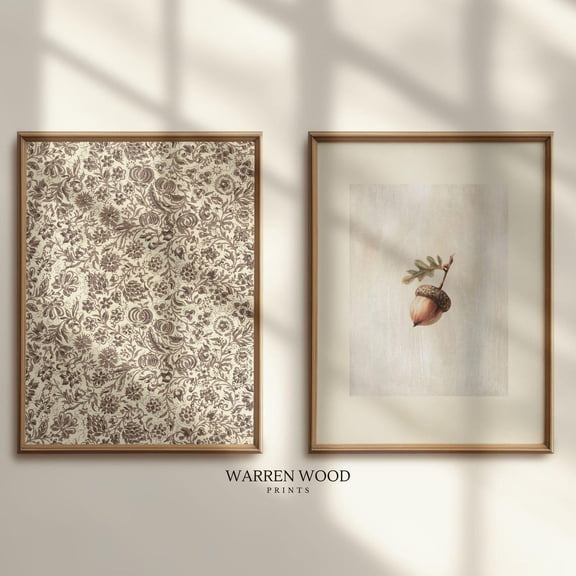 UNFFRAMED Rustic Beige 2-Piece Wall Art Set, Two Set Neutral Art, Ditsy Floral Pattern, Vintage Acorn Illustration, Neutral Cottagecore Decor Set 2 Prints 8x12