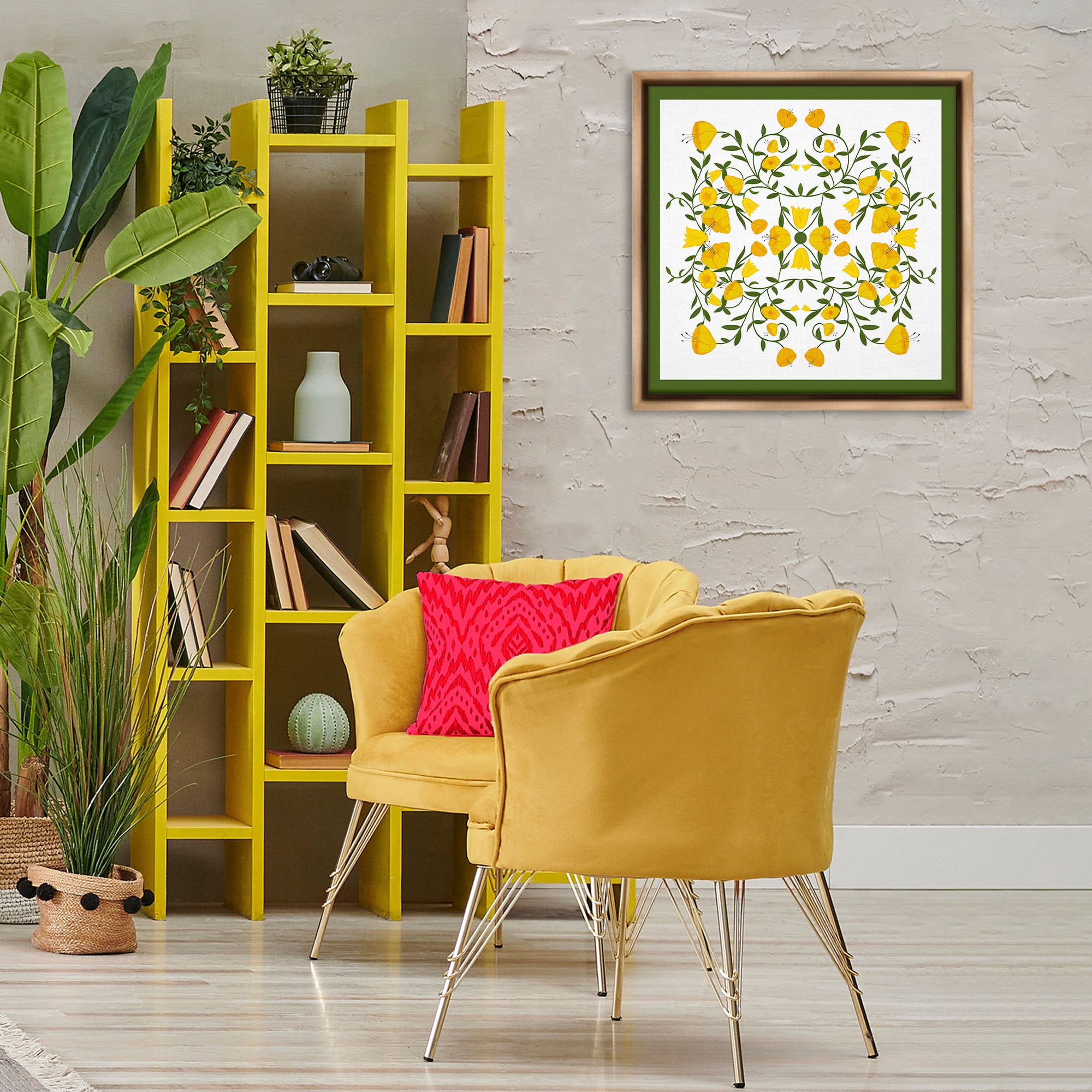 Stupell Industries Golden Blooms Symmetry Plants & Flowers Painting Brown Floater Framed Canvas Art Print Wall Art, 25 x 25