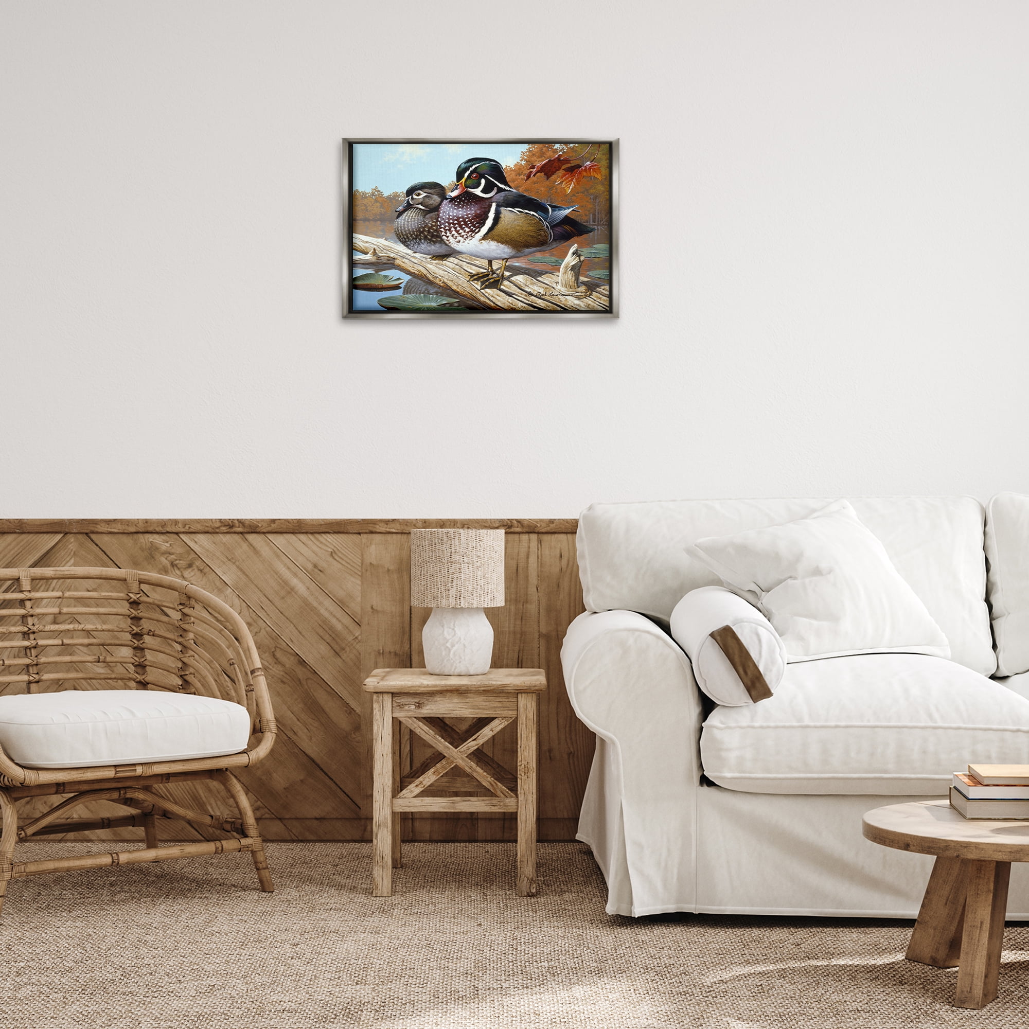 Stupell Industries Duck Pair on Driftwood Animals Painting Gray Floater Framed Canvas Art Print Wall Art, 25 x 17