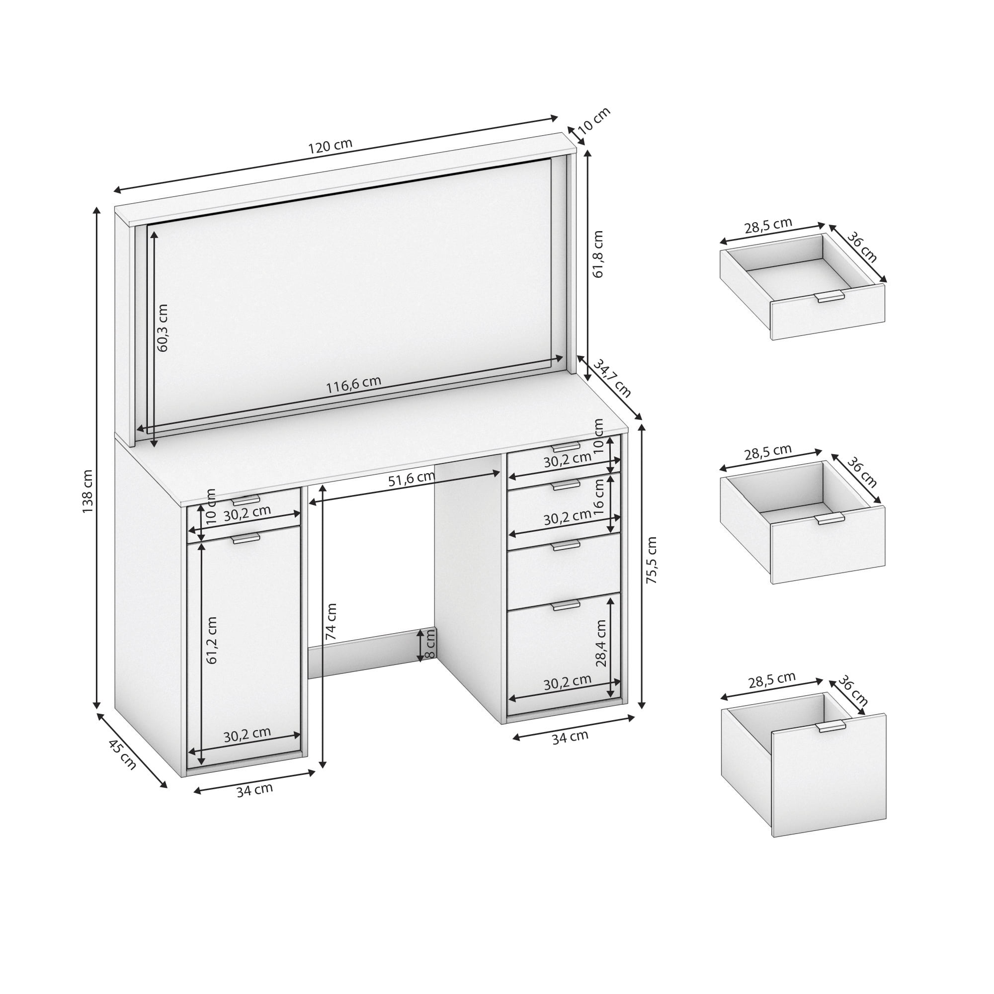 Kappesberg Silvana 47" White Makeup Vanity Desk with Mirror, 5 Drawers & Side Cabinet