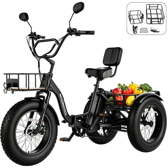 MOONCOOL All-Terrain Folding Electric Tricycle for Adults, 1100w Motor 48V 14.5Ah Battery,7-Speed 20" x 4.0" Fat Tire 3 Wheel Electric Bike , 25-60 miles