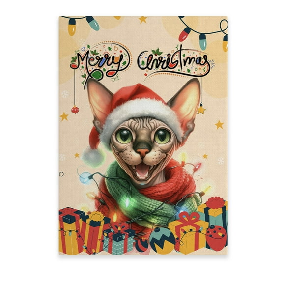 Merry Christmas Santa Sphynx Scarf Twinkling Lights Xmas Holiday Vertical Matte Canvas Poster Cat Lover Kitten Owner Gifts Idea Wall Art Home Decor - 00022