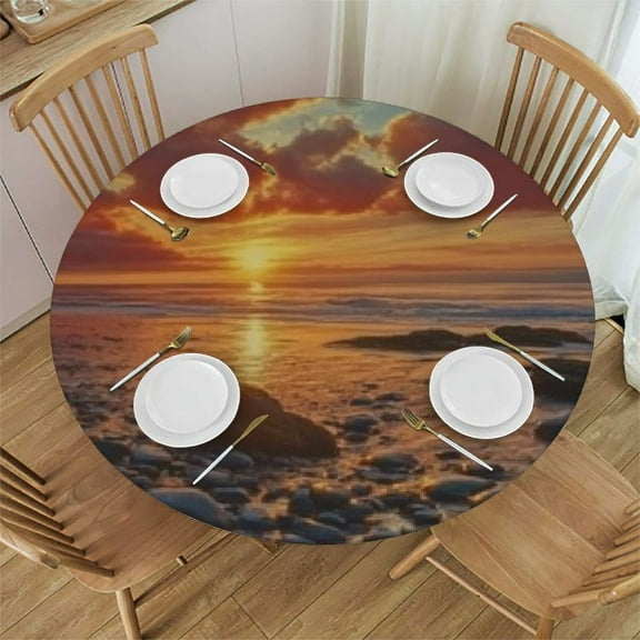 Round Fitted Tablecloth with Elastic, Sunset Small Outdoor Tablecloth, Waterproof