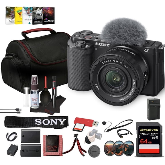 Sony ZV-E10 Mirrorless Camera with 16-50mm II Power Zoom Lens, Black, 64GB Card, Filter Kit, Bag and NP-FW50 Battery