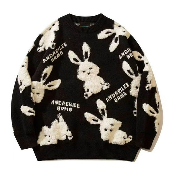 fartey Mens Sweater Knit Crew Neck Bunny Graphic Top Long Sleeve Cute Warm Pullover Sweater