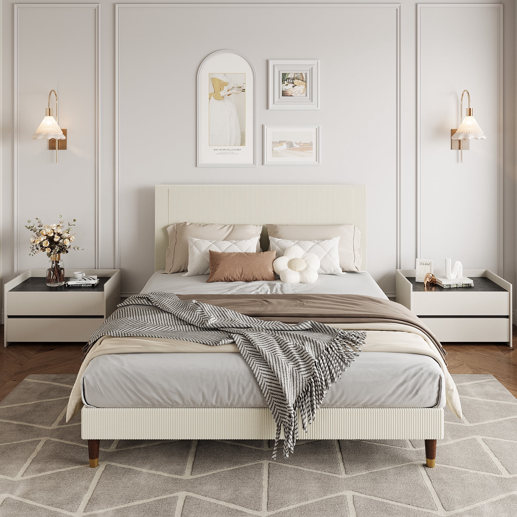 Twin/Full/Queen/King Bed Frame with Headboard, Corduroy Upholstered Platform Bed with Wooden Slats Support - No Box Spring Needed & Noise Free, Easy Assembly, for Bedroom Apartment