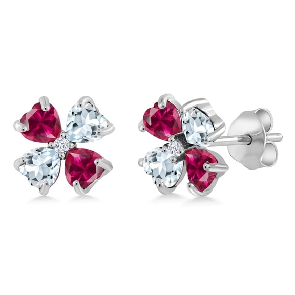 Gem Stone King 925 Sterling Silver Red Created Ruby and Sky Blue Aquamarine Earrings for Women | 2.23 Cttw | Gemstone July Birthstone | Heart Shape 4MM