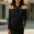 thumbnail image 5 of DAFPZW Women's Off the Shoulder Shirt with Tie Long Sleeve Button Down Blouse Elegant Office Solid Color Casual Basic Tops, 5 of 9